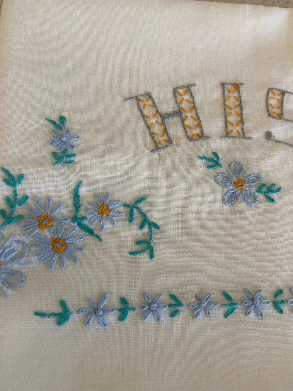 Vintage White Embroidered HIS and HERS Pillow Shams with Blue Floral Accents
